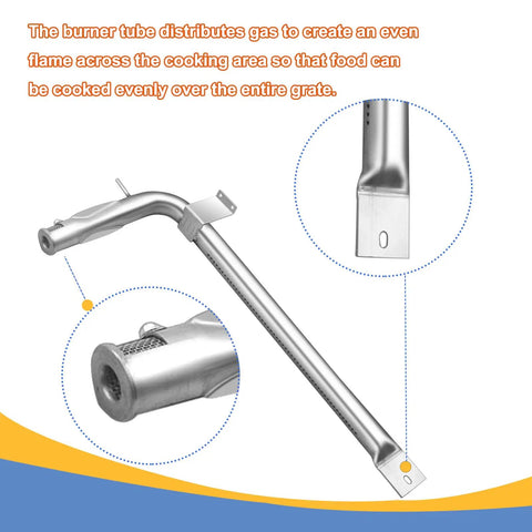 Close-up of a Two Pack Stainless Steel Oven Burner Tube Gas Replacement For Viking Range 17 Inch showing details and attachment ends.