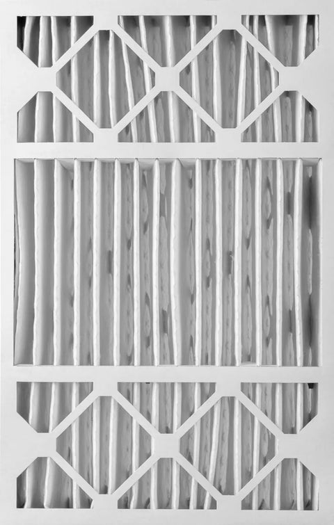 Close-up of 16x25x5 MERV 12 air filter replacement for Honeywell Lennox systems highlighting pleated media design