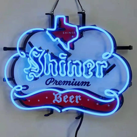Real Glass Neon Beer Sign Blue 19x15 Inches for Home Bar Man Cave Pub Party, featuring 'Shiner Premium Beer' logo, energy-saving