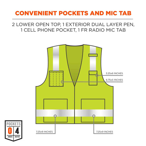Diagram of GloWear 8262FRZ Flame Resistant Hi Vis Safety Vest showing pocket dimensions and mic tab details, lime green with reflective strips.