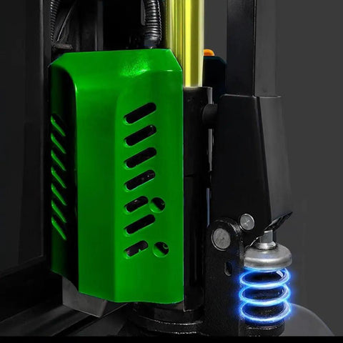 Detail of Top Tier Electric Pallet Jack With Big 3300 Lb Load showing green battery housing and spring mechanism.