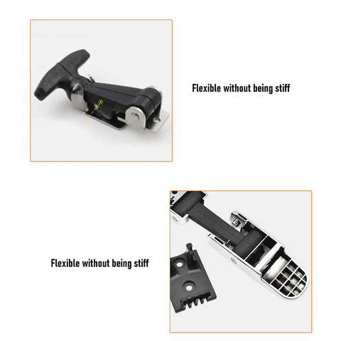 Elastic Stainless Steel Rubber Hood Catch Set, 4 Pack with T Handle shown in flexible positions