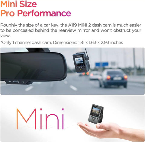 Compact 2K Dash Cam With 60FPS HDR Dope Night Vision STARVIS 2 mounted behind car mirror showing mini size, easy installation.