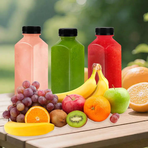 10 Pack 12 Oz Clear Plastic Juice Bottles With Screw Caps Reusable Food Grade Pet Beverage Jars filled with colorful smoothies and fruits.