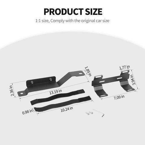 Under Front Seat Fire Extinguisher Bracket For Jeep Wrangler JK 2007 2017 with dimensions and nylon straps shown