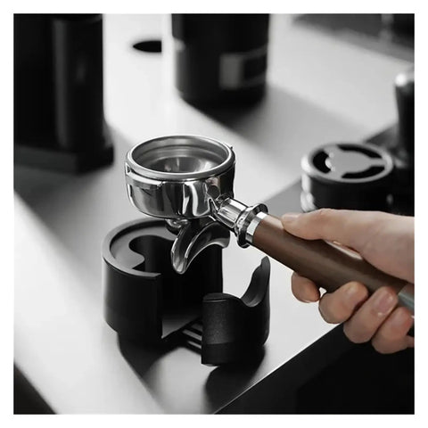 Heavy Duty Adjustable 51 53 58 Millimeter Portafilter Holder Tamping Platform crafted from tough aluminum with portafilter.