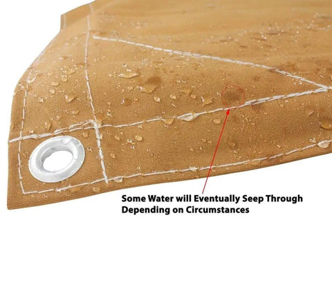 Close-up of 8 By 10 Tan Canvas Tarp, 12oz Heavy Duty Polyester showing water resistance and stitched seams with grommet detail.