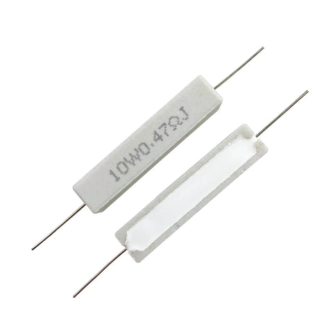 Two white ceramic cement power resistors with axial leads (front/side)