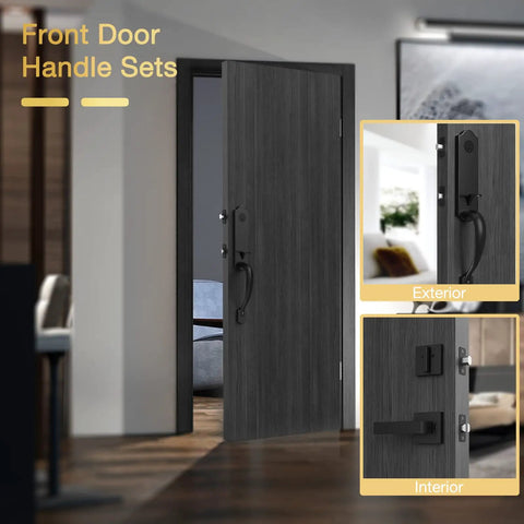 Tough As Nails Front Door Handle Set With Deadbolt And Reversible Lever In Matte Black, shown installed on a modern door.