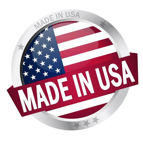 Made in USA badge with American flag design and metallic border.