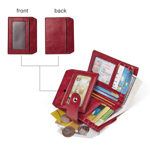 Women Leather Wallet RFID Blocking Small Bifold Zipper Pocket Card Case Purse With ID Window Red showing card slots and zipper pocket