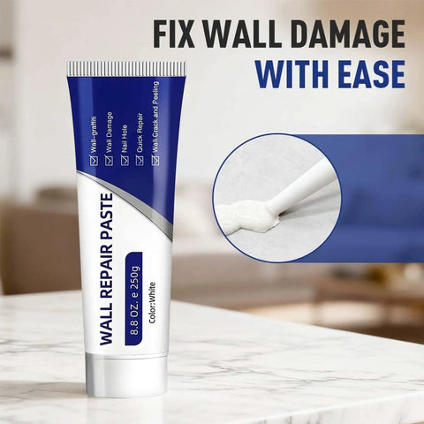 No Sweat Drywall Repair Kit Including Heavy Wall Patch Paste Designed To Completely Seal Nasty Cracks Plug Deep Holes And Conceal Nail Scars Instantly Every Time - 8.8 oz wall repair paste tube on a marble surface.