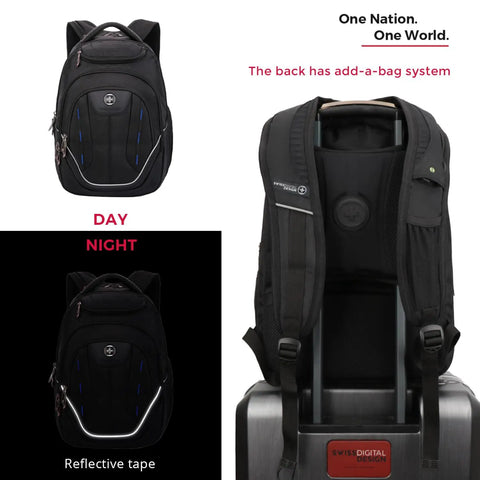 TSA Approved Laptop Backpack With USB Charging Port, RFID Safe Pockets, shown with suitcase attachment and reflective night mode.