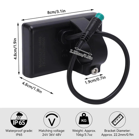 Back view of All In One Electric Bike LCD Display Meter 24V To 60V Control Panel With Waterproof Connector showing dimensions and features.