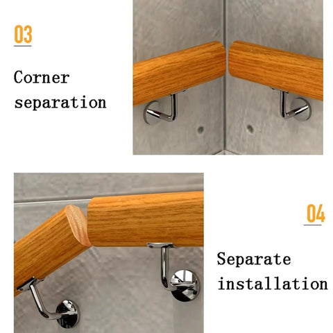 Built Tough Indoor Outdoor Wood Stair Handrail With Non Slip Grip showing corner separation and separate installation details.