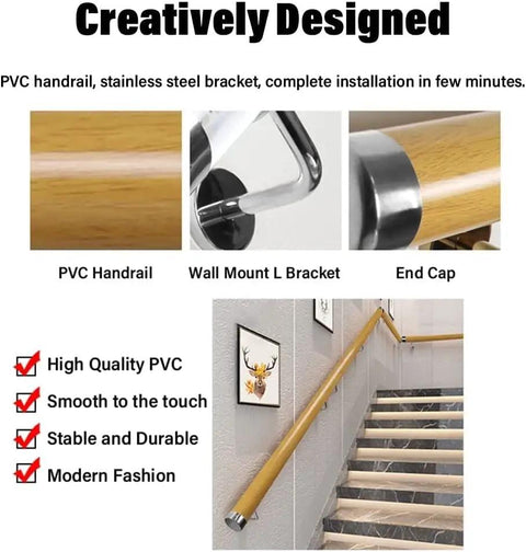 Heavy Duty Built Tough Non Slip PVC Handrail 18 Feet Long All Weather Deck Railing Kit With Easy Install Wall Brackets Wood Tone Finish installed on stairs.