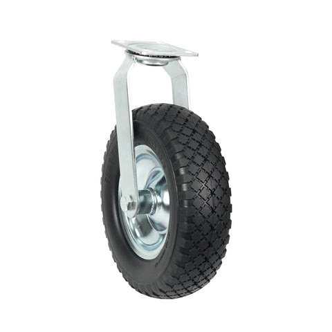 12 Inch Flat Free Foam Filled Rubber Swivel Caster with solid steel housing and wide knobby tread for grip on rough terrain.