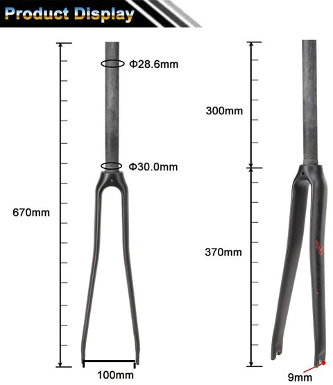 Ultra Light Full Carbon Fiber Road Fork 28.6mm 700C 1-1/8 straight threadless with 9mm QR 35mm offset dimensions.