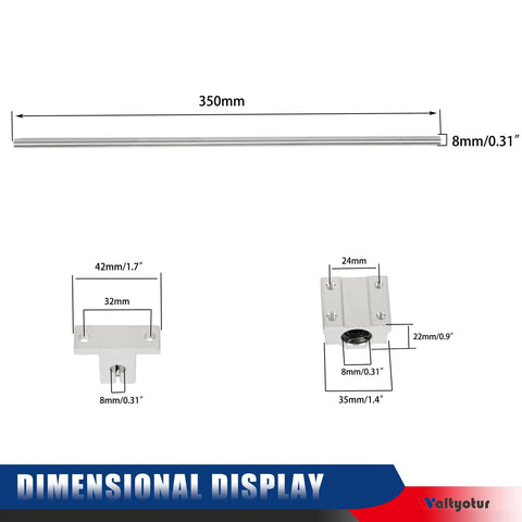 Dimensional display of 2 Pack 8mm x 350mm Linear Motion Rail Slide Guide Kit with 4 SCS8UU Bearings and SK8 Supports.