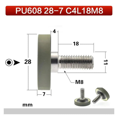 Solid PU Polyurethane Roller Bearing With External M8 M6 Thread And Soft Rubber Coating, 28mm diameter, for skateboards, doors, and conveyors.