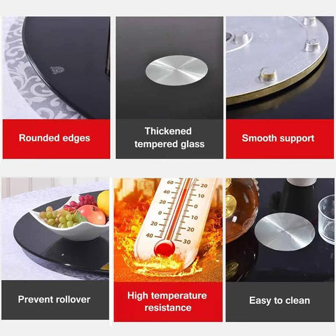 Heavy Duty Black Tempered Glass Lazy Susan Serving Turntable Featuring Smooth As Butter Spin For Effortless Food Sharing And Serious Kitchen Game Changer Vibes In A Generous 31 Inch Format with rounded edges and thickened glass.