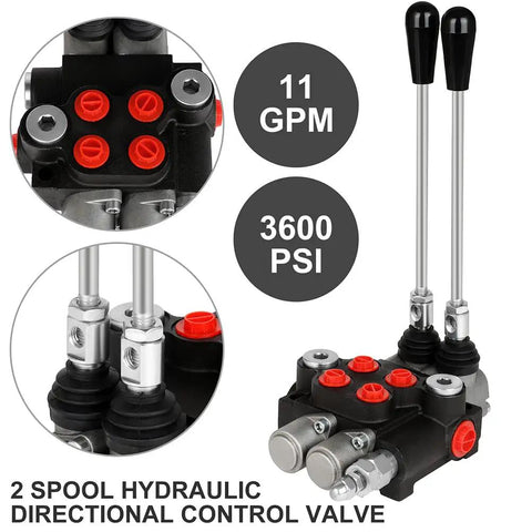 Beefy Hydraulic Flow Control Valve With Two Spools, 11 GPM, G Port Inlets, Adjustable Relief, Lever Handle, 3600 PSI, front view.