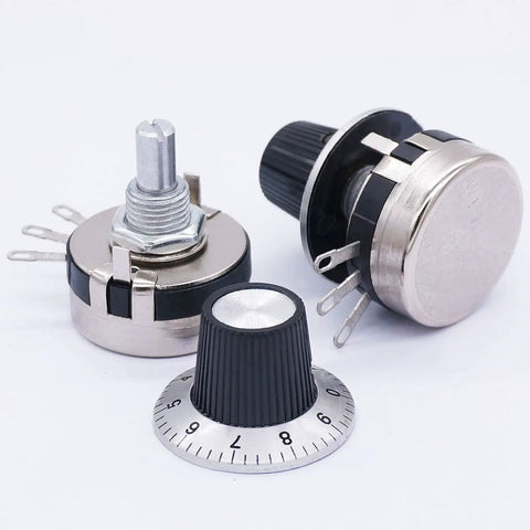 Two Pack Rotary Carbon Potentiometer Set With Knobs WTH118-2W 10K Ohm shown with round shaft and knobs, 3 terminals visible