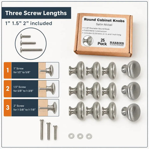 Top Shelf 25 Pack 1 1 Inch Round Cabinet Knobs In Brushed Nickel Heavy Duty Kitchen Drawer Pulls That Are Pretty Darn Sturdy With Complete Mounting Kit For Fast Room Upgrades. Includes screws and washers.