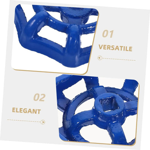 Close-up of blue cast steel water valve handwheel for garden spigots emphasizing versatile and elegant design.