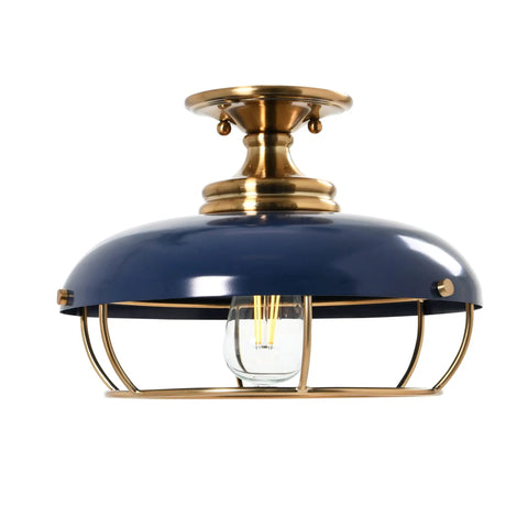 Industrial Caged Dome Metal Semi Flush Ceiling Light In Brushed Brass And Navy Blue for living rooms hallways kitchens entryways
