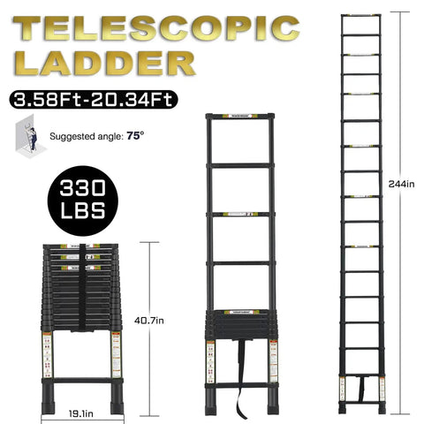 Beefy Aluminum Telescoping Ladder 20.3 Ft With Non Slip Feet For Indoor Outdoor Use Portable Extension Ladder For Housework And Outdoor Projects 330 Lb Capacity Black, folded and extended
