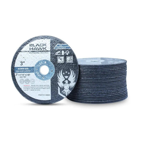 Premium 3 Inch Cut Off Wheels 1/16 Thick With 3/8 Arbor 25 Pack Tough As Nails Zirconia Discs stacked for die grinder use.