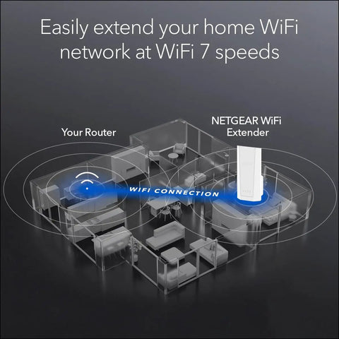 Diagram showing WiFi 7 Range Extender EXS27 That Covers Up To 1,500 Sq Ft And 45 Devices With BE5000 Dual Band Booster Up To 5 Gbps