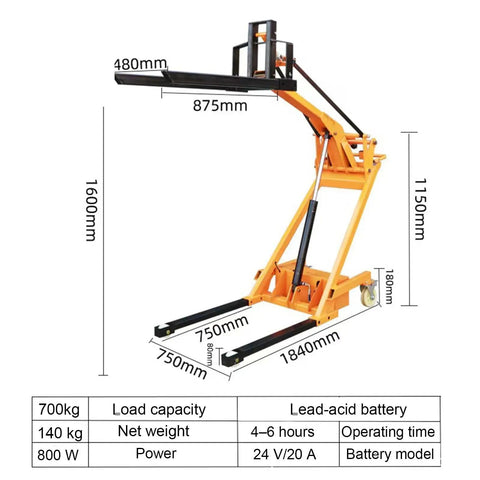 Heavy Duty Electric Pallet Stacker Lift 170cm Foldable Design 500-700kg Capacity with dimensions and features listed.