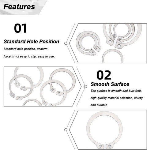 50 Pcs Heavy Duty External Circlips C-Clip Retaining Rings Made From 304 Stainless Steel, featuring standard hole positions and smooth surfaces.