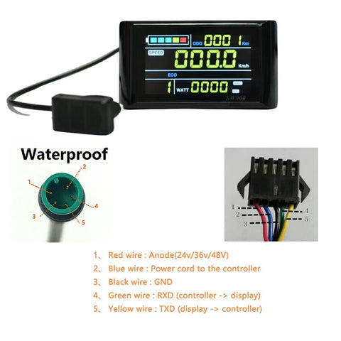 SW900 Color Screen Ebike LCD Display Panel, black casing, showing speedometer and power readouts, with wiring guide details.