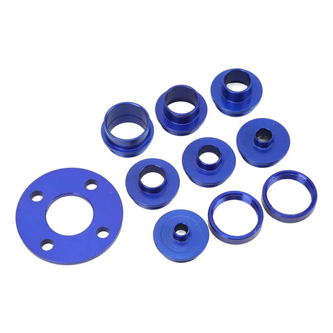Slick 10 Piece Router Template Guide Bushing Set Crafted From Heavy Duty Aluminum For Rock Solid Precision Routing In Woodworking Projects With Tight Lock Nuts And Dead On Alignment Control, showing blue aluminum bushings.