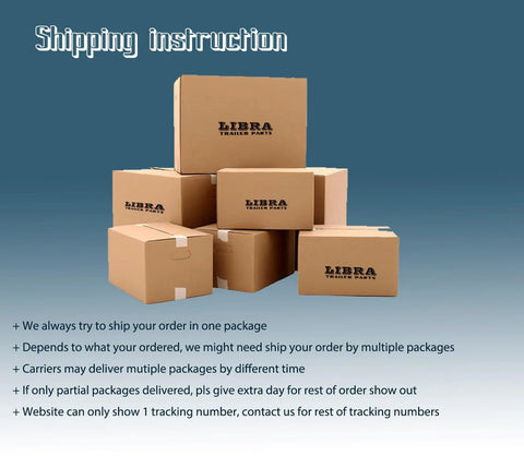 LIBRA trailer parts cardboard boxes stacked in a pile, displaying LIBRA logo on each box for shipping.