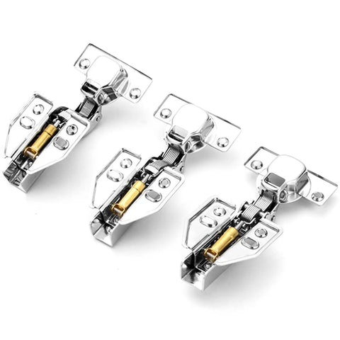4 Piece Stainless Steel Soft Closing Cabinet Door Hinges With Hydraulic Shock Absorbers For Kitchen Cabinets And Furniture Rust Resistant Durable Hardware That Keeps Doors Quiet And Smooth Perfect Cabinet Drawer Closures For Home DIY, three hinges displayed on white background.