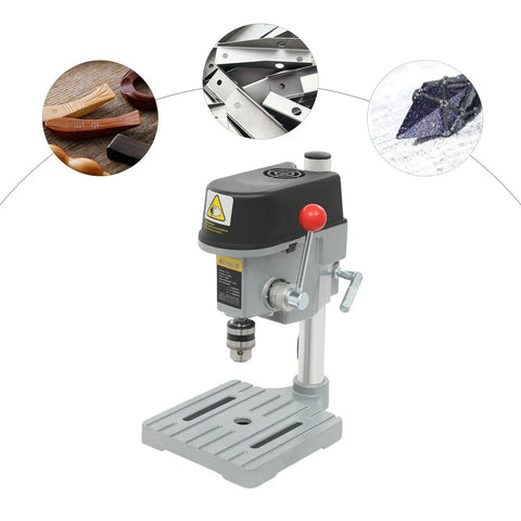 Powerful 340W Benchtop Drill Press With 3 Speed Corded Mini Drill For DIY Metal And Plastic Projects, detailed front view.