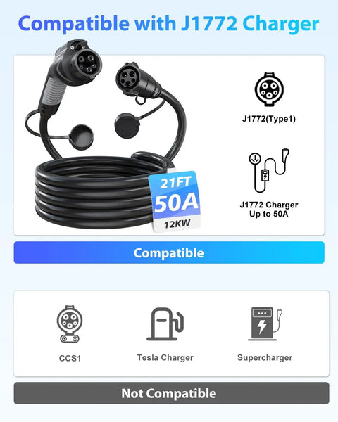 J1772 EV Charger Extension Cable 50 Amp 21 Ft Heavy Duty Charging Cord with dual connectors and compatibility information.