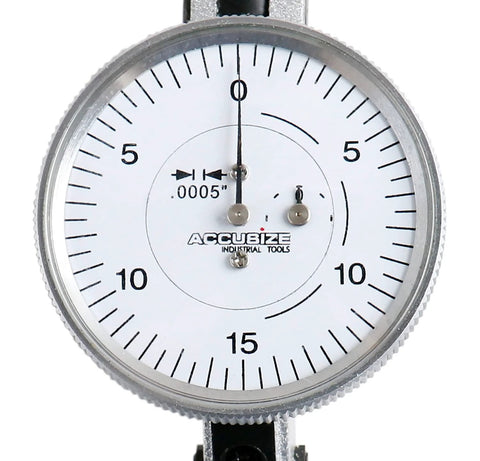 Front view of Accusize Industrial Tools horizontal test indicator with 1.5 in dial, white face and black graduations.
