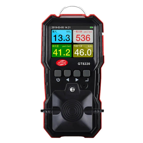 Front view of Portable 4 In 1 Gas Detector For O2 H2S CO And Combustible Gas Content With Easy Readouts Great For Industrial Safety And Site Checks Battery Powered And Ready To Use On The Go.