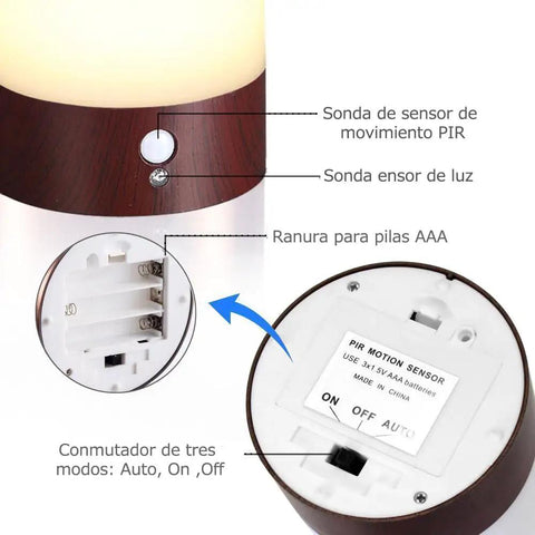 Close-up of Retro LED Night Light With PIR Motion Sensor showing battery compartment and mode switch for indoor use.