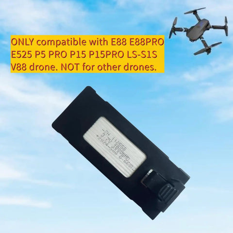 3.7V 1800mAh Drone Battery Module for E88 E88PRO E525 P5 PRO shown mid-flight with blue sky background.