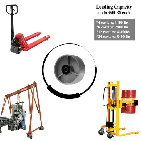 Rock Solid 4 Inch Cast Iron Caster Wheels 8 Pack Heavy Duty Industrial 5600 Lb Capacity With Precision Steel Bearings And Wide 2 Inch Treads, showing pallets and machinery setup.