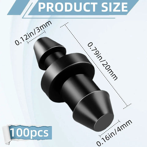 Diagram of black 100 Pack Drip Irrigation End Plugs For Quarter Inch Tubing with measurements, Easy Install Line Stopper Fittings For Home Garden And Lawn Irrigation, Leak Proof Drip Line Cap Kit, Durable Replacement Plugs For Watering Systems