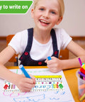 Child drawing with Self Adhesive Dope Desk Nameplates For Primary Classrooms Pack Of 36 With Manuscript Alphabet Upper And Lower Case Letters 26 Alphabet Pictures 16 Shapes Stroke Lines 13.8 X 4 Inches Colorful Desk Tags.