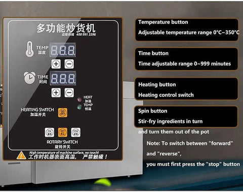 Transform Your Daily Grind With This Heavy Duty Electric Coffee And Nut Roaster Featuring Digital Timer And Precision Thermostat control panel with buttons and digital display.