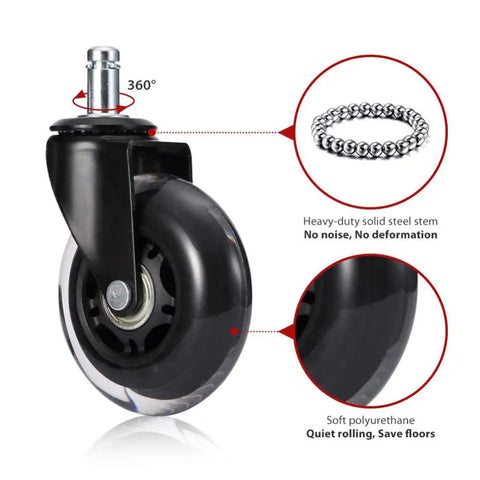 Heavy Duty 3 Inch Swivel Caster Wheels With Soft Rubber Tread Quiet Rolling Twin Design For Office Chairs showing durable solid steel stem and polyurethane wheel.